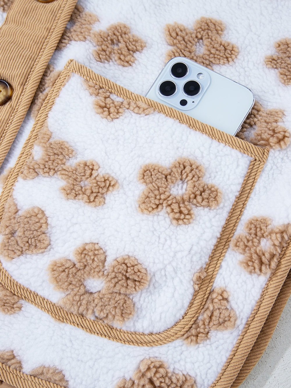 Flower Pattern Button Up Fleece Jacket - Picture 9 of 14